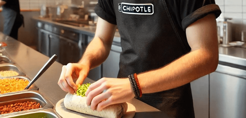 Funcionário da Chipotle Mexican Grill preparando comida mexicana.